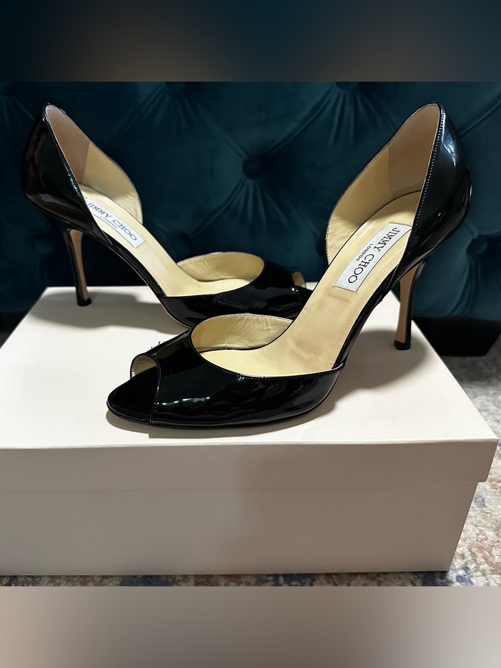 Jimmy Choo Logan Black Patent Leather Peep-Toe Stiletto Pumps
